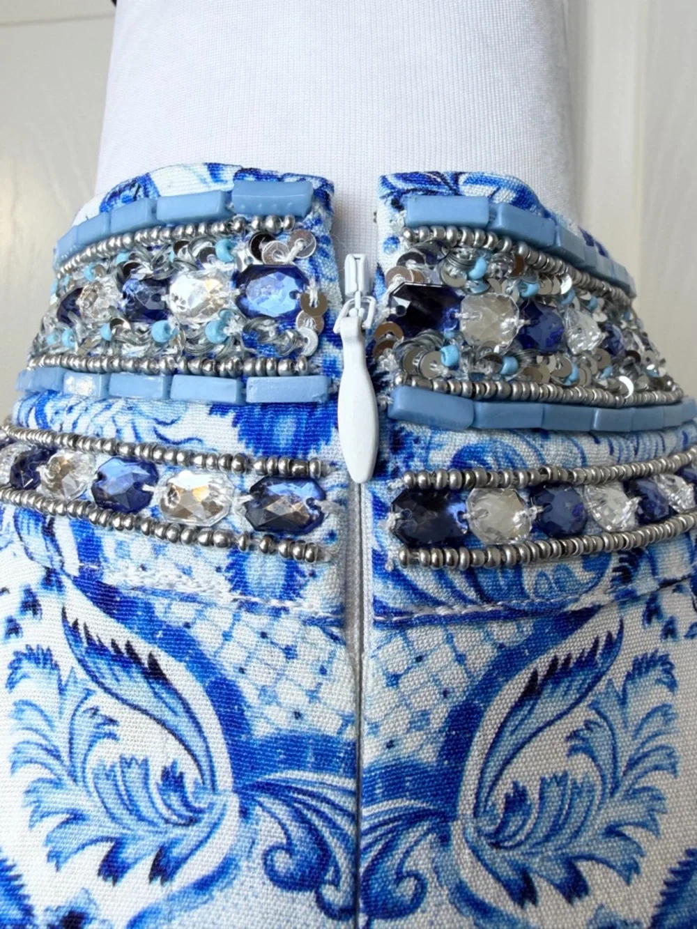 Nicoblu Beaded Resort Dress Blue White Mediterranean Luxe Size 6 - Picture 8 of 15